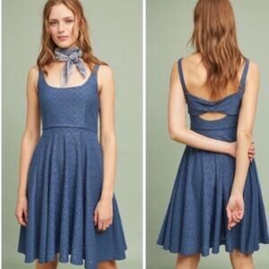 Anthropologie Hutch Olivia eyelet blue dress tank midi fit flare wedding guest L
